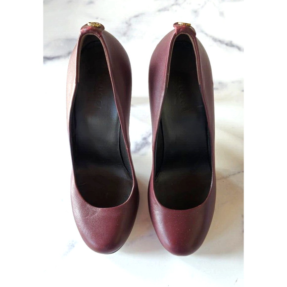 Gucci Women Pumps 38 US 8 Maroon Leather Interlocking G High Heels Slip On Shoes - Picture 2 of 14
